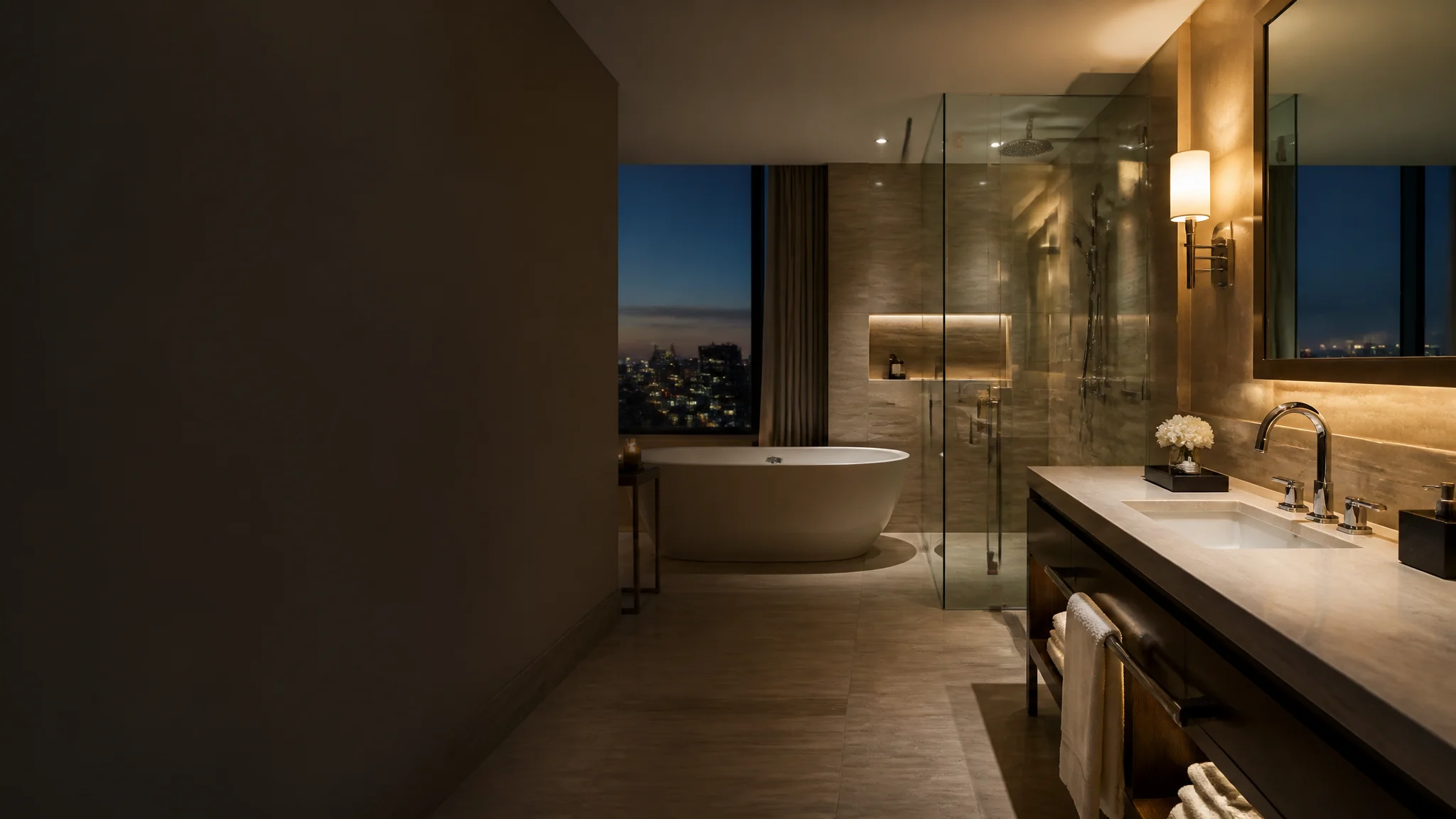 Hotel bathroom with coordinated vanity, shower and bathtub fixtures