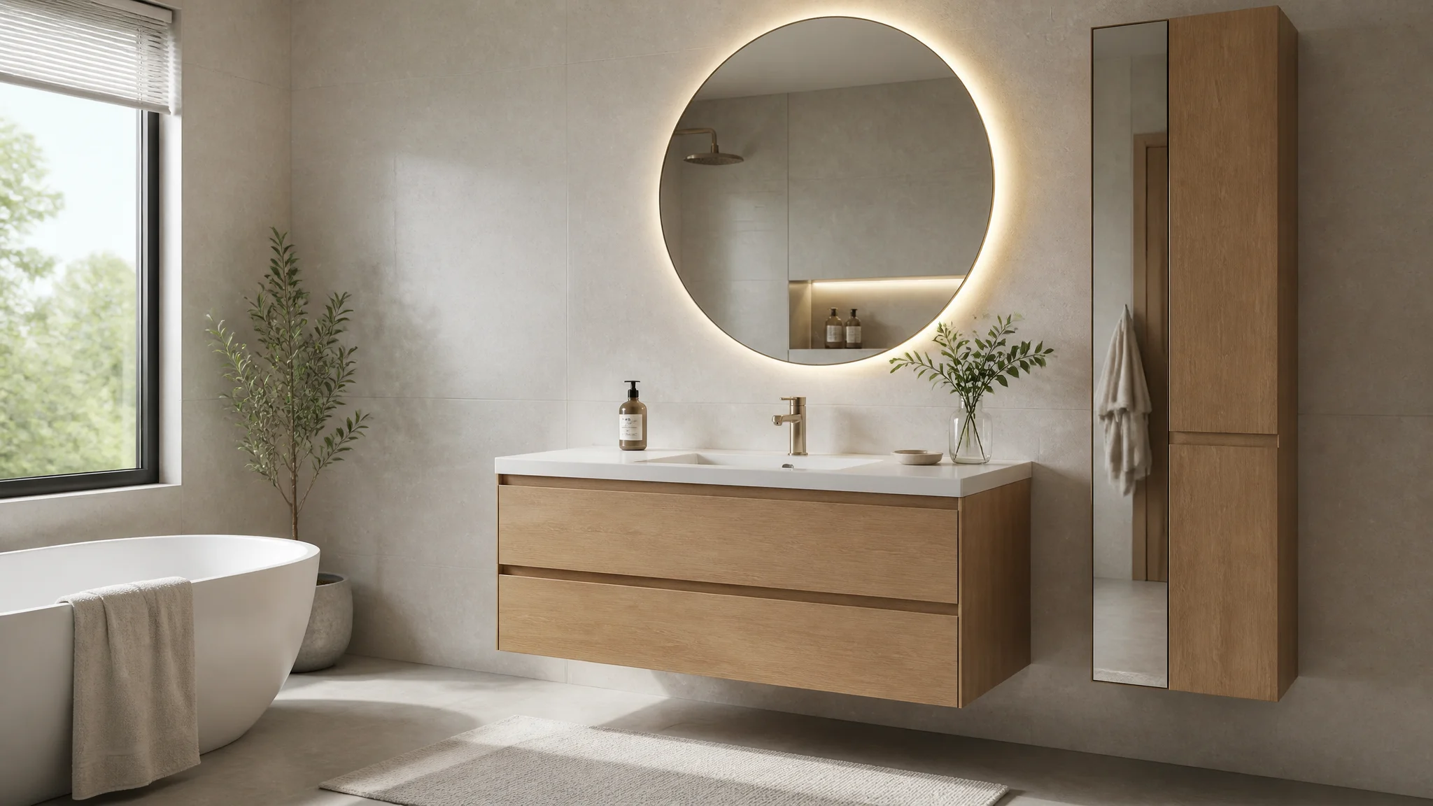 Warm residential bathroom with coordinated vanity, basin and bathtub