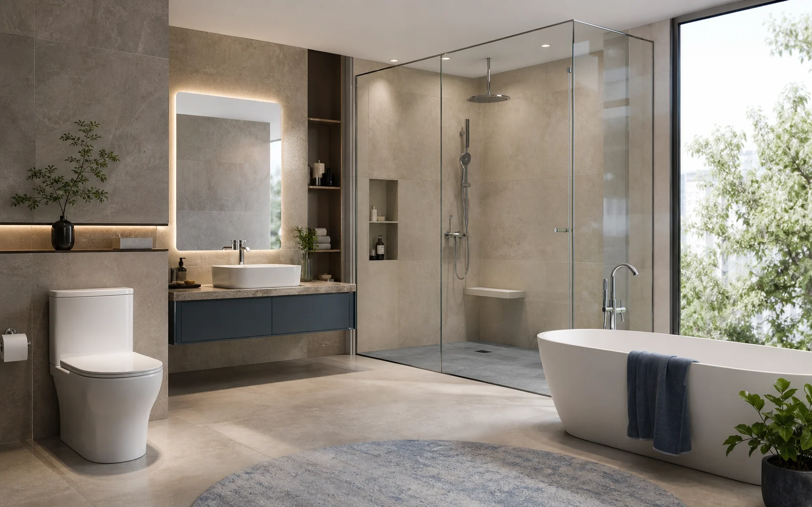 Complete coordinated bathroom suite with toilet, vanity basin, shower enclosure and freestanding bathtub