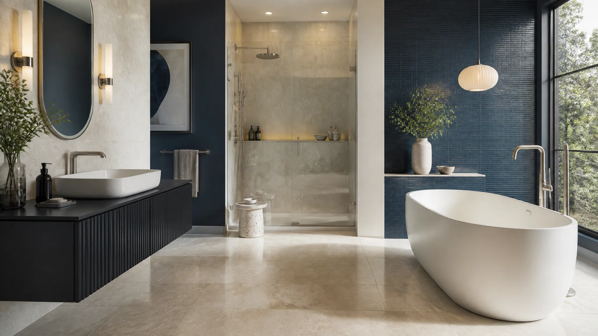 Hotel suite bathroom with bathtub and coordinated fixtures
