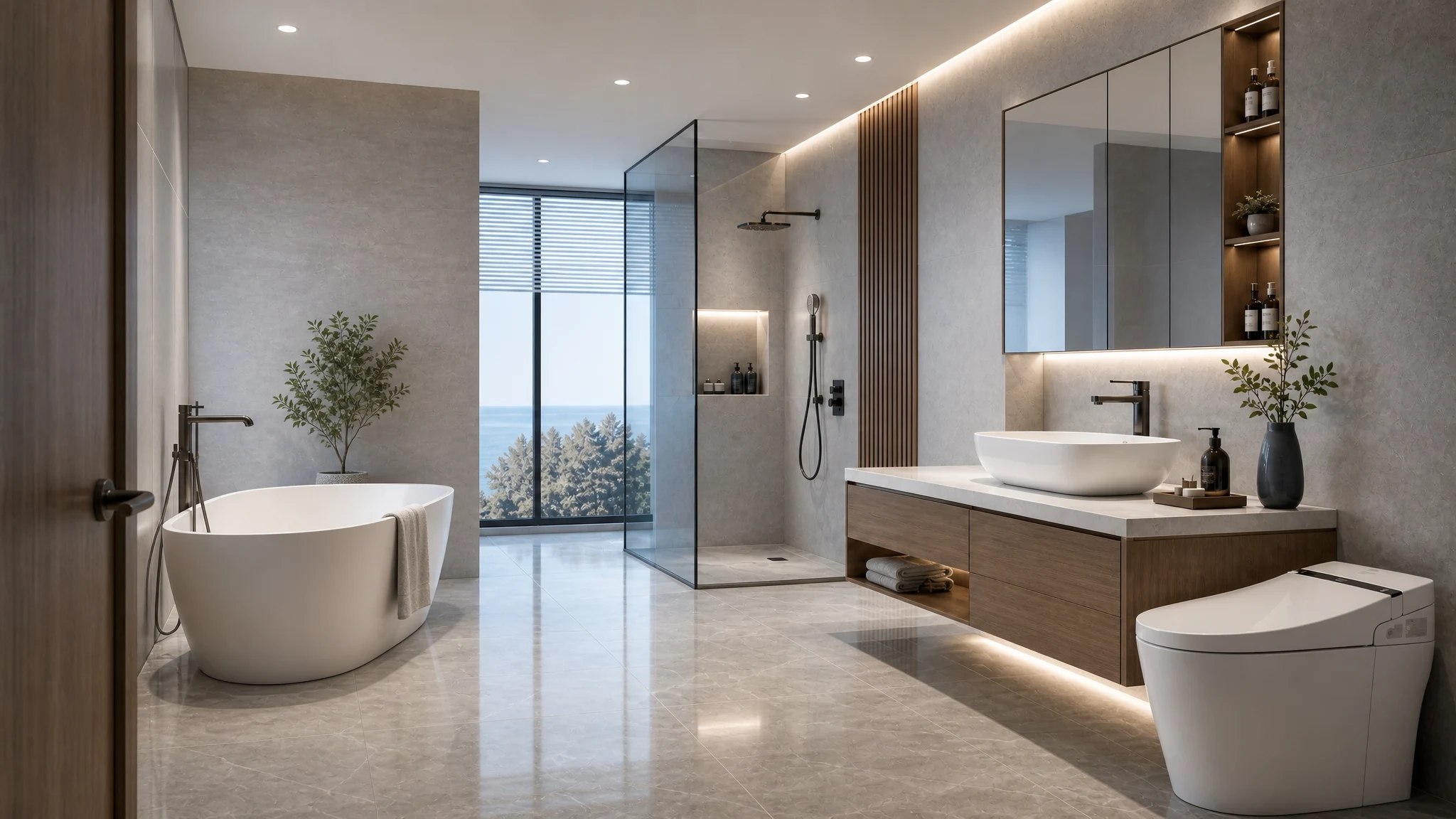 Complete contemporary bathroom showing vanity, basin, faucet, toilet, shower and bathtub in one coordinated space